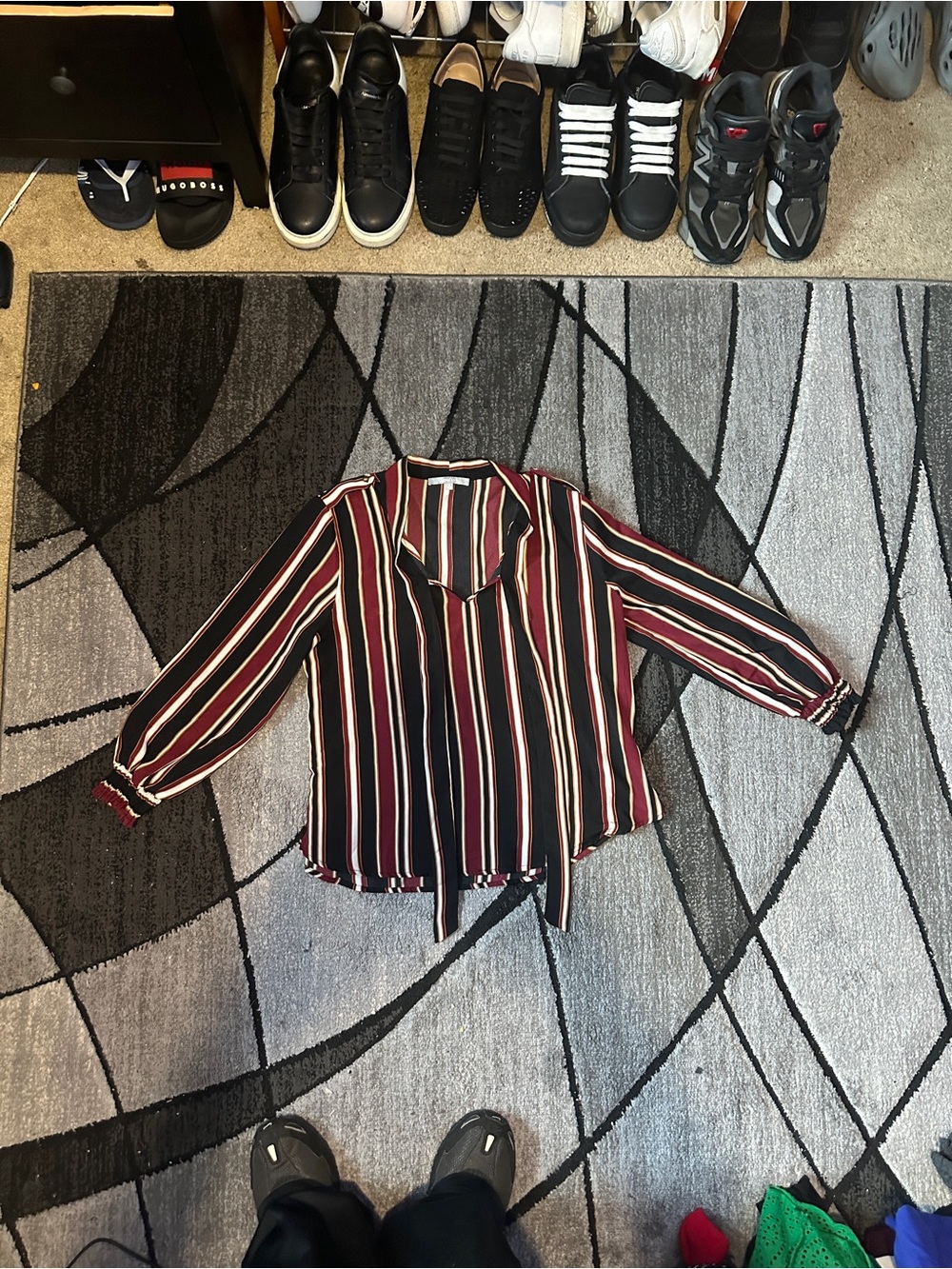 Girls' Burgundy & Black Striped Tie-Neck Blouse
